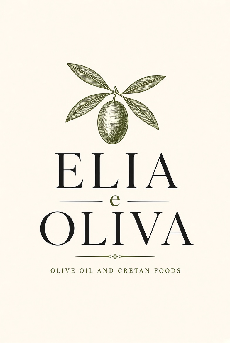 Elia e Oliva stacked wordmark with engraved olive