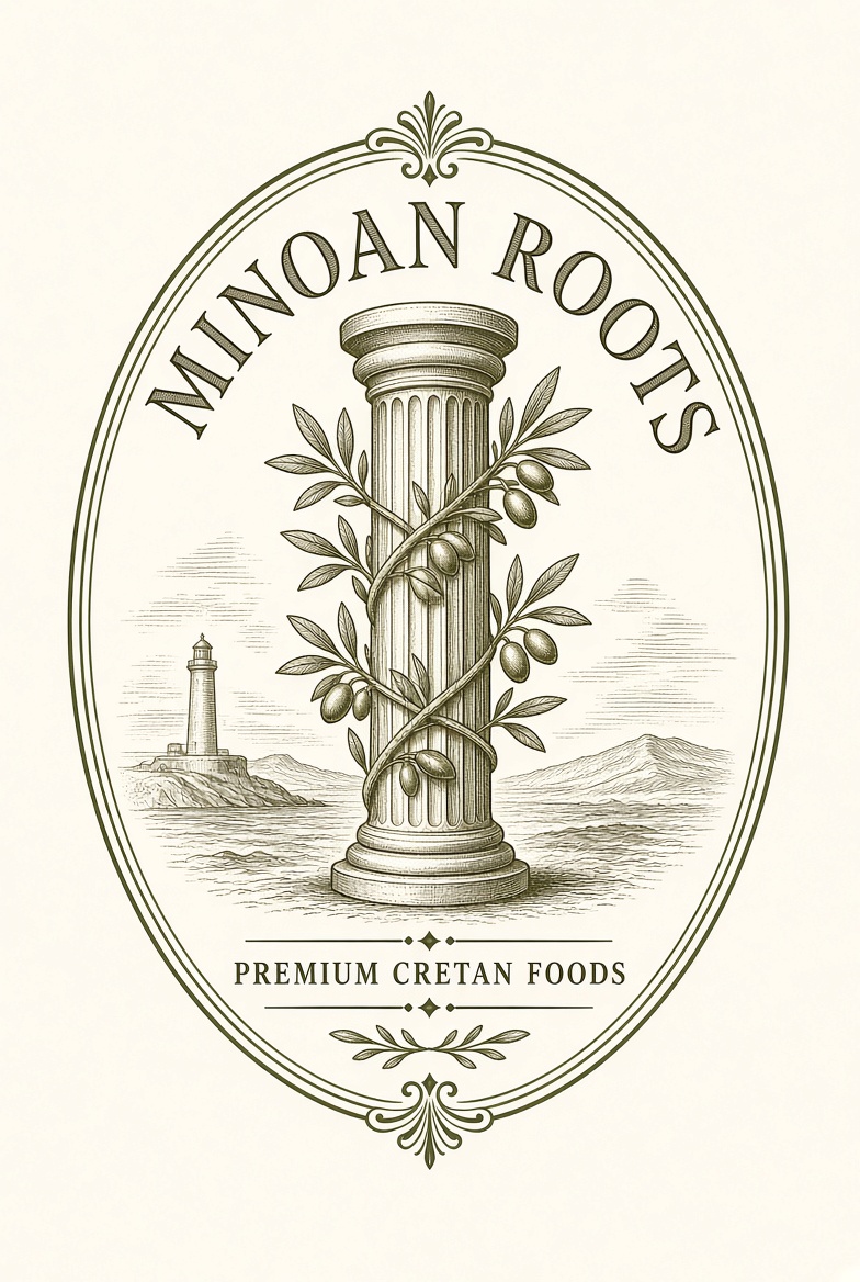 Minoan Roots oval emblem, premium Cretan foods